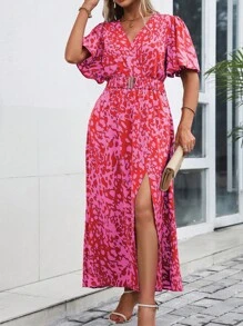 Franclia Váy ngắn tay cổ chữ V in hoa mùa hè cỡ lớn dành cho nữ - Màu Hồng Tươi - Xem 1