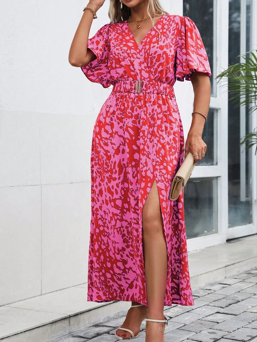 Franclia Váy ngắn tay cổ chữ V in hoa mùa hè cỡ lớn dành cho nữ - Màu Hồng Tươi - Xem 1