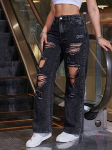 SHEIN EZwear 女士鬆身寬腿牛仔褲，帶破損口袋