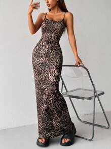 SHEIN PETITE 女士细肩带紧身豹纹连衣裙，夏季 - 彩色 - 查看 1