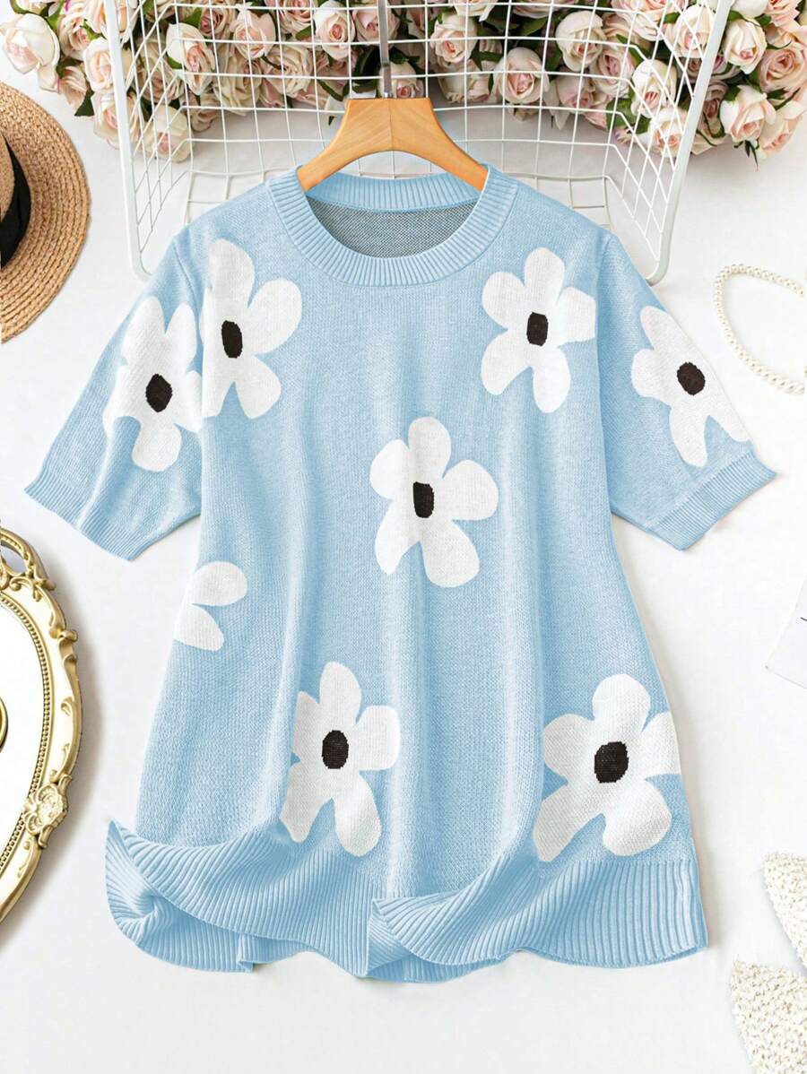 SHEIN LUNE Plus Size Women Floral Print Crew Neck Short Sleeve Casual Knitted Top, Spring/Autumn - Blue - View 1