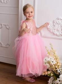 SHEIN Glamorique Kids Girls High-End Fashion Runway Dress, Pink Mesh Tulle Skirt, V-Back Feather Trim, Metallic Sequin Big Bow Princess Gown, 4-Season - Pink - View 2