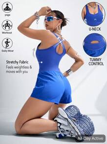 Innovista 运动收腹提臀连体衣，夏季健身服，瑜伽服，健身房服，骑行连体衣，弹力镂空连体衣，蓝色连体衣，可拆卸胸垫，女士连体裤，连身裤，网球服，秋季女士服装，清爽浅蓝色 - 寶藍色 - 查看 2