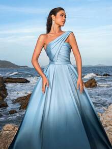 Faeriesty One Shoulder Ombre Satin Formal Prom Dress - Blue - View 6