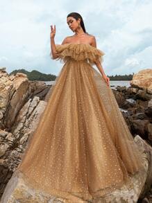 Faeriesty 露肩荷叶边亮片薄纱正式舞会礼服