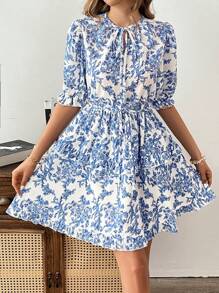 Chiquease Tie-Up Blue & White Printed Knee-Length Simple Elegant Dress - Blue and White - View 6
