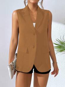 Chiquease Áo blazer không tay có nút phía trước màu trơn - màu nâu - Xem 1