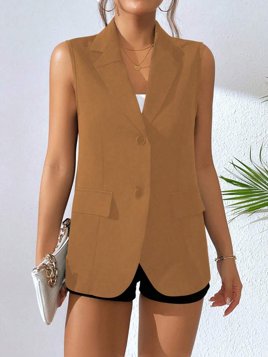 Chiquease Áo blazer không tay có nút phía trước màu trơn - màu nâu - Xem 1