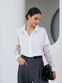 SHEIN Privé Blus Lengan Panjang Wanita Sederhana, Elegan, Kontras Renda, Kasual, Serbaguna untuk Musim Gugur - Putih - View 4