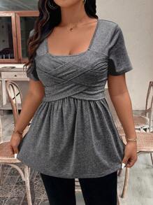 EMERY ROSE Plus Size Women's Summer Solid Color Square Neck Short Sleeve Ruffle Hem Casual T-Shirt