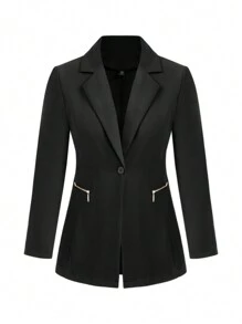 Calvaya Chaqueta elegante de oficina de un solo botón de manga larga con solapa entallada de unicolor para mujer de talla grande, primavera y otoño