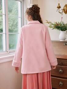 SHEIN Teenage Girls' Pink Collar Splice Fuzzy Elegant Warm Winter Coat