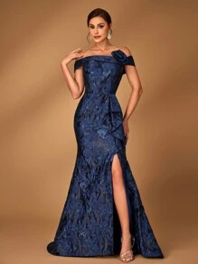 Serin Elegant Gorgeous Navy Blue One Shoulder Sleeve Luxurious Jacquard Satin Pleated 3D Floral Slit Mermaid For Wedding Party Vacation Formal Event Mother Of The Bride Evening Gown - Navy Blue - View 6