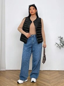 SHEIN EZwear 大码女式秋冬休闲百搭连帽无袖羽绒羽绒大衣背心带口袋黑色可压缩保暖 - 黑色 - 查看 7
