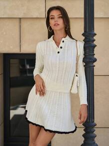 EURMUSE Women Cable Knit Pattern Collar Neck Pullover & Sweater Skirt Set - Beige - View 1