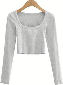 INAWLY Solva Camiseta de manga larga ajustada de cuello redondo de unicolor para mujer para primavera y verano