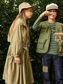 SHEIN Chaleco sin mangas informal con múltiples bolsillos a cuadros para niños preadolescentes para ocio y actividades al aire libre