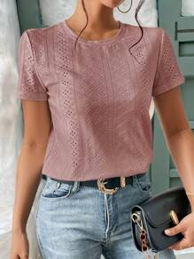 SHEIN Frenchy Camiseta con textura de tela de ojal sólida con bordado - Rosa vieja - Ver 6