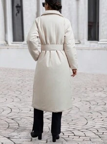 EURMUSE Belt Detail Long Fashionable Elegant Puffy Wrapped Winter Coat - Beige - View 6