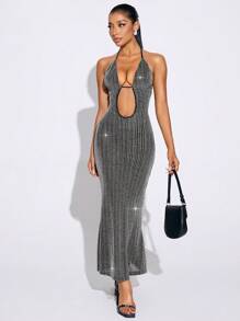 SHEIN SXY Czarna sukienka wieczorowa, srebrna sukienka z brokatem, seksowna sukienka damska, sukienka z wycięciami - Czarne - Zobacz 6