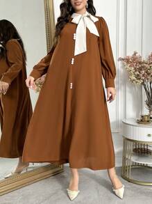Al Najma Plus Size Dames Strik Hals Lange Mouw Knoop Decor Jurk, Arabische Stijl, Kaftan Jalabiya Jurk Voor Avondfeesten/Bruiloftsgasten