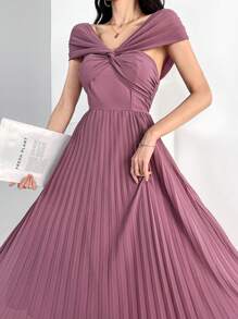 Modelyn 女士纯色简约褶皱短袖休闲连衣裙 - 藕粉色 - 查看 6