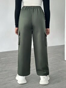 SHEIN Tween Girls Cargo Pockets Multi-Button Long Pants, Fall/Winter 2024 New Arrival - Olive Green - View 2
