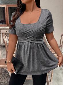 EMERY ROSE Plus Size Women's Summer Solid Color Square Neck Short Sleeve Ruffle Hem Casual T-Shirt