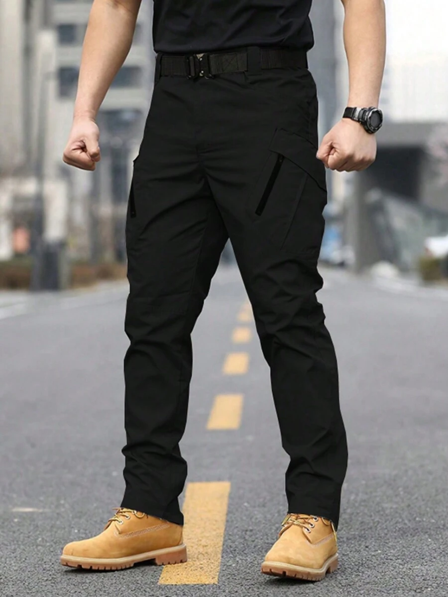 Manfinity Homme Men's Solid Color Casual Straight Pants With Pockets, For Fall - Black - View 1