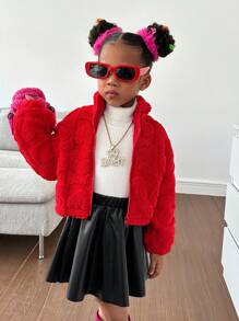 SHEIN 年輕女孩拉鍊式毛茸茸外套 - 紅色 - 查看 6