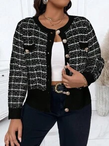 Calvaya Plus Size Women's Plaid Long Sleeve Cropped Casual Cardigan, Autumn/Winter - Black and White - View 6