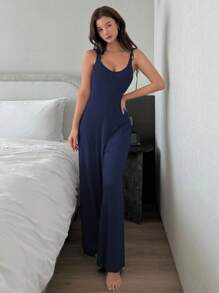 DAZY Women's Solid Color Simple Casual Straight Knitted Drawstring Jumpsuit Pajama