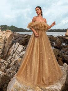 Faeriesty 露肩荷叶边亮片薄纱正式舞会礼服