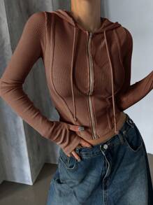 DAZY Women's Solid Color Long Sleeve Casual Fitted Zip-Up Hooded T-Shirt - Brown - View 3