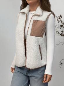 SHEIN EZwear 撞色立领羊毛背心夹克，秋冬款 - 米色 - 查看 3