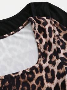 Zolique Women Leopard Print + Solid Color 2pcs/Set Short Sleeve Bodysuit - Black - View 6