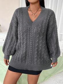Flirla Plus Size Braided Knit Sweater With Lantern Sleeves Knit Pullover Fall Winter - Dark Grey - View 3