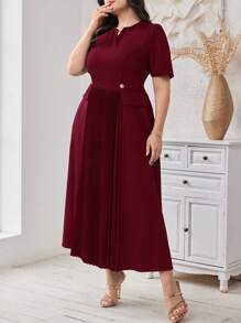 Modelyn 勃艮第红色加大码女式夏季纯色 V 领短袖褶边优雅连衣裙 - 酒紅色 - 查看 4