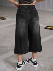 SHEIN Teen Girls Y2K Style Loose Fit Black Bermuda Denim Jeans, Back To School Cute Clothes Outfits, Autumn - Black - View 2