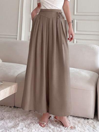 DAZY Women's Lace-Up High Waist Flared Leg Casual Elegant Trousers,Teacher Pants