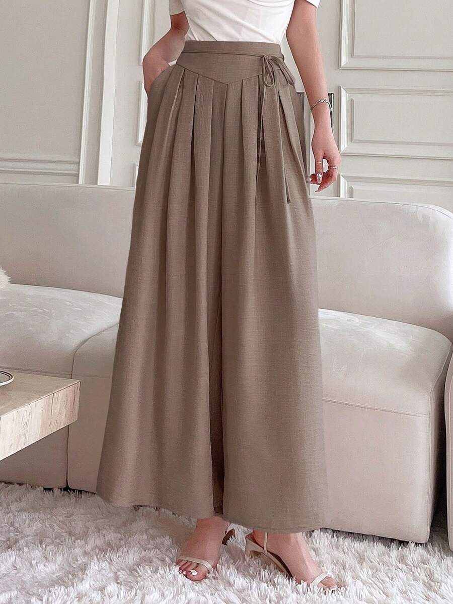 DAZY 女士系带高腰喇叭腿休闲优雅长裤，教师裤 - 卡其色 - 查看 1