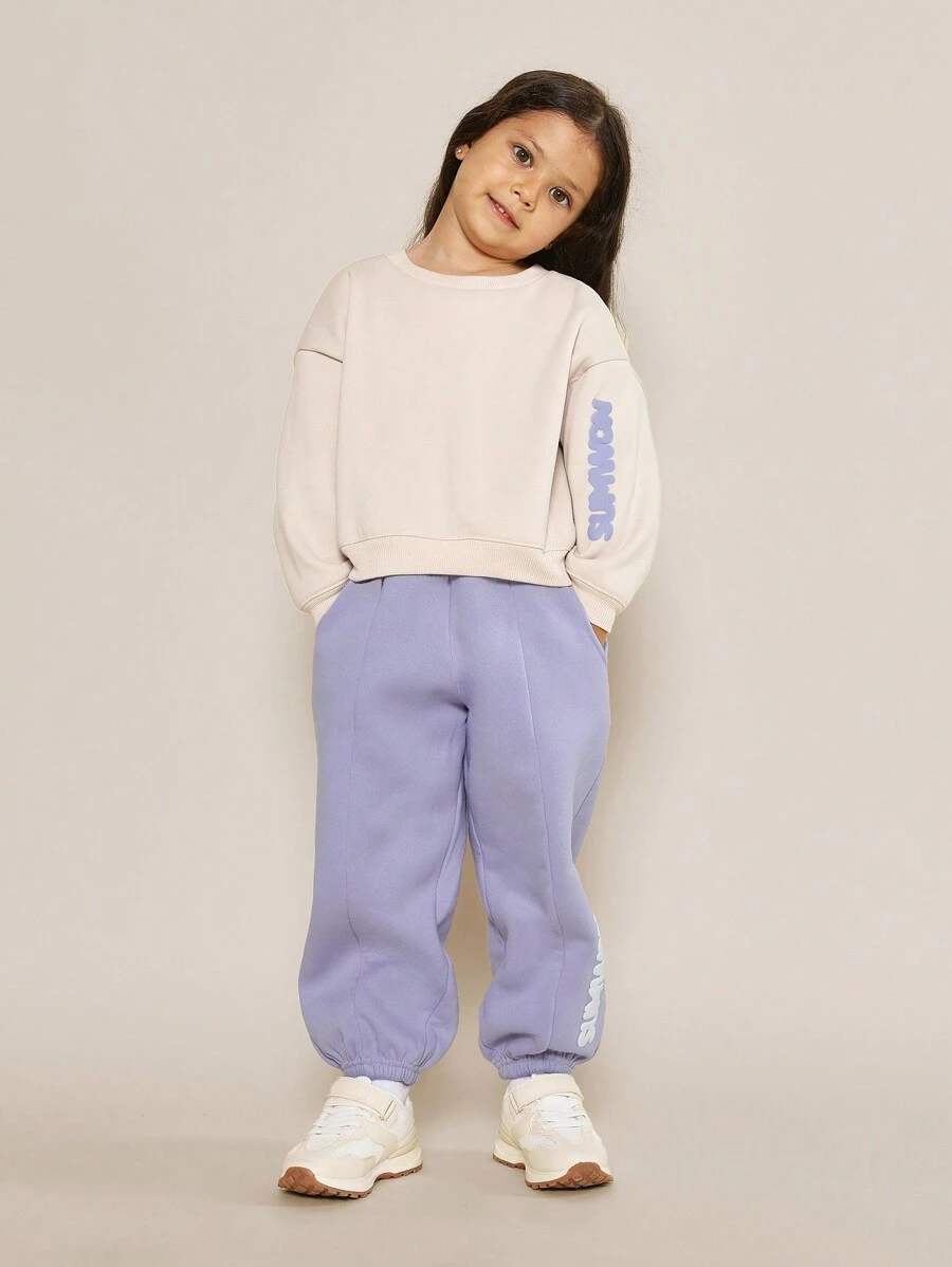 SUMWON Young Girls Everyday Comfort Crew Neck Sweatshirt And 90's Sweatpants With Puff Graphic Print 2 Piece Set