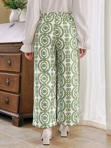 SHEIN Teenagers' Green Traditional Geometric Pattern Loose Lightweight Pants, Spring Autumn - Green - View 2