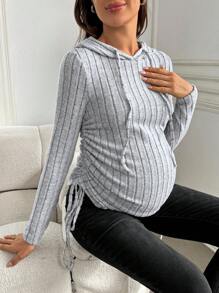 SHEIN Maternity Grey Striped Drawstring Side Crop Long Sleeve Hoodie Top - Grey - View 6