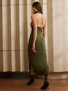 Anewsta Women Green Pleated Halter Dress With Sophisticated Urban Style Maxi Women Outfit - Green - View 2