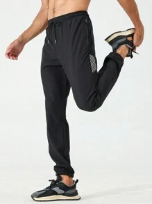 Manfinity Fitness Men Striped Drawstring Waist Slant Pocket Sports Trousers - Black - View 3