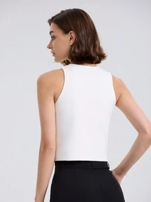 Women's Short Knit Vest, Single-Breasted, Plain Color, Spring & Autumn - White - View 2