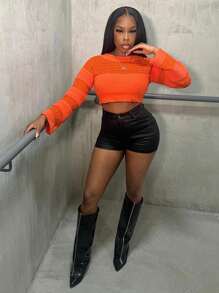 Zolique New Fashion Orange Sexy Bodycon Fluffy Striped Hollow-Out Sweater For Women Knit Pullover Fall Winter Outfit