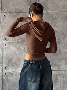 DAZY Women's Solid Color Long Sleeve Casual Fitted Zip-Up Hooded T-Shirt - Brown - View 2