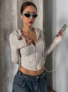 DAZY Áo thun nữ dáng suông, màu trơn, có mũ, khóa kéo. - Xám - Xem 3